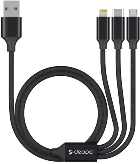 Кабель Deppa , 3 в 1: microUSB, USB-C, Ligthning, алюминий, 1.2 м, черный