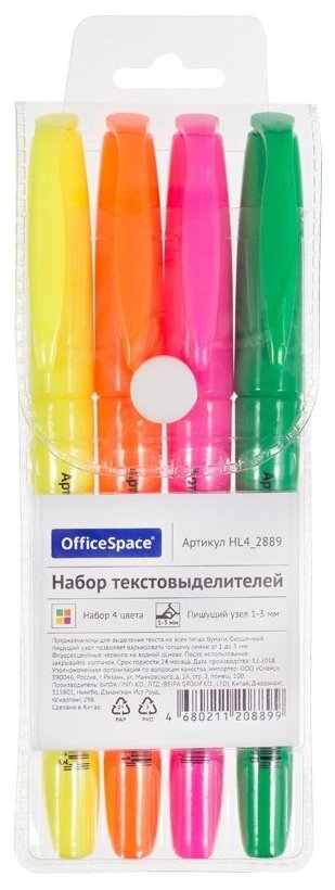 Текстовыделители OfficeSpace 4 цвета, 1-3 мм (HL4_2889)