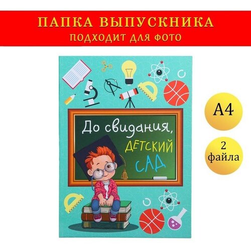 Папка с двумя файлами А4 "До свидания, детский сад!" мальчик на книжках, доска