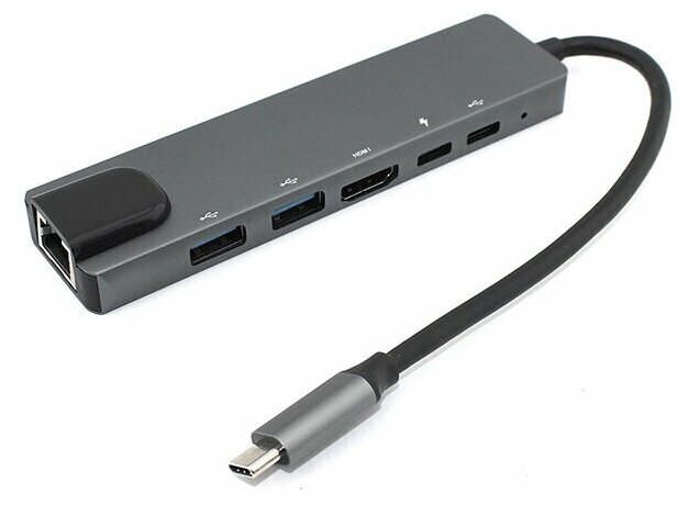 Адаптер Type C на HDMI, USB 3.0x2 + RJ45 + Type Cx2 серый