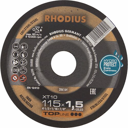 Отрезной тонкий диск HydroProtect RHODIUS по стали для болгарки/УШМ, чистый рез без искр, 115 x 1,5 х 22,23 мм