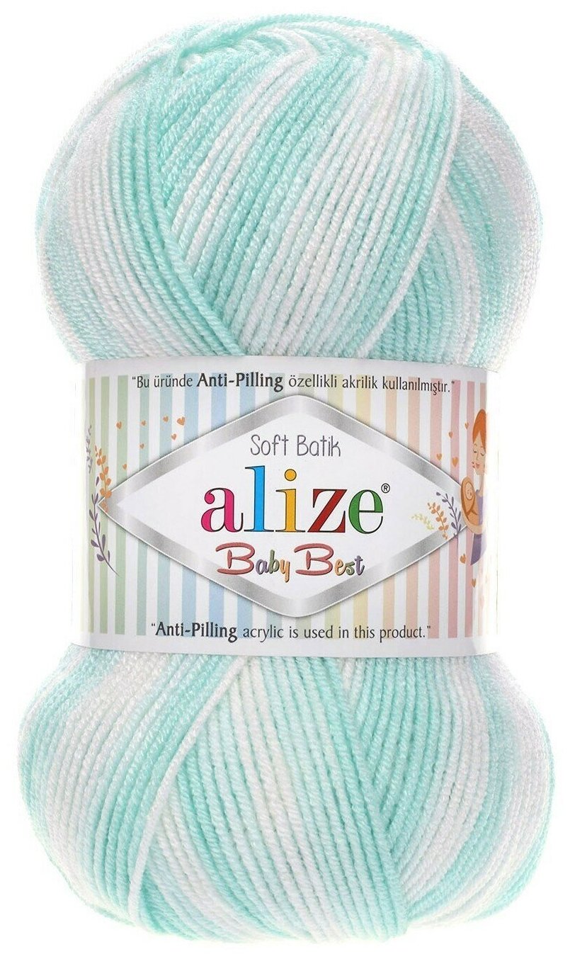 Пряжа Alize Baby best batik (Беби бест батик) 6659 белый-мята 10% бамбук, 90% акрил 100г 240 м 1шт