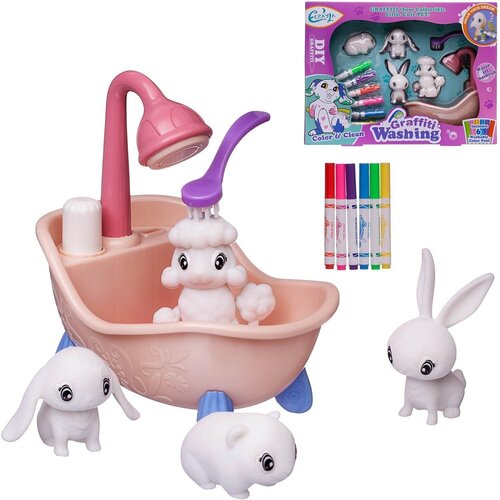 Набор для творчества Фигурки для раскраски. Любимые животные в ванне с душем (4 фигурки, 6 фломастеров, щетка, раскраска) - Junfa Toys [WK-19009]