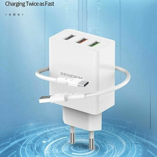 Зарядное устройство с 3*USB + кабель Type-C (5В, 4800mA) SENDEM OG04 Белый