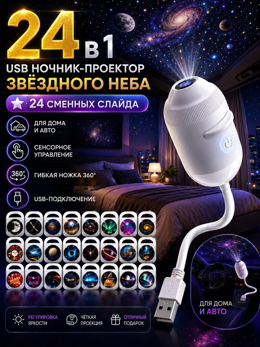 Ночник с проекцией звёздного неба, Мини-проектор , 24 слайда