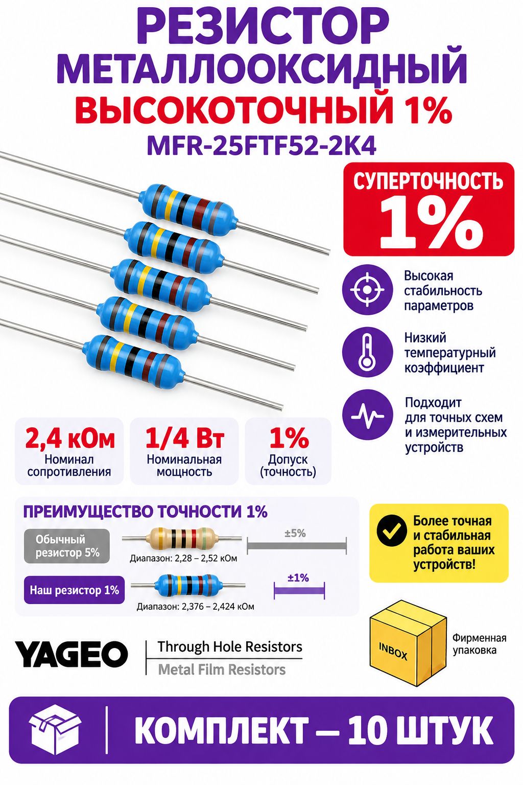 Резистор 2,4кОм 0,25Вт 1% 10шт металлооксидный MFR-25FTF52-2K4 (8002017737)