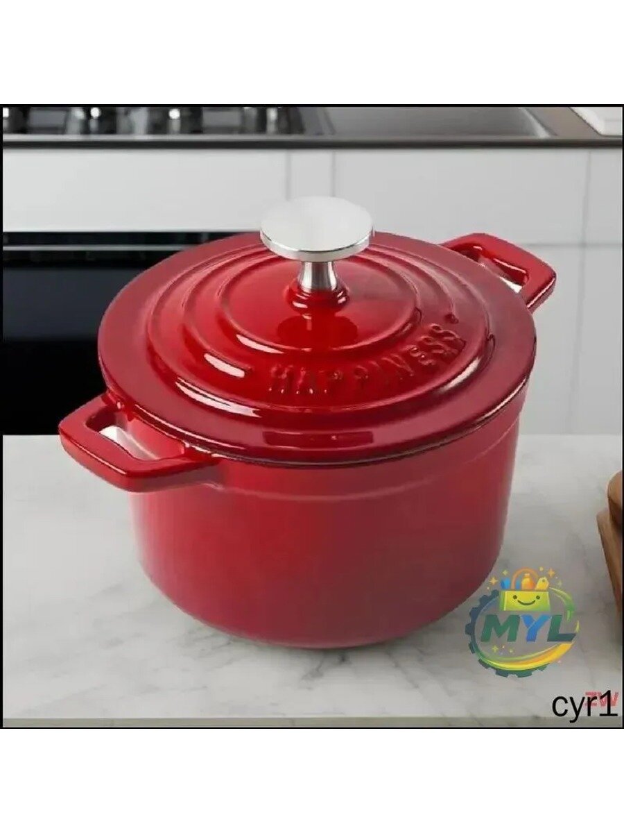 Кастрюля чугунная с крышкой, красная, высота стенки 8.5 см, 1 шт
