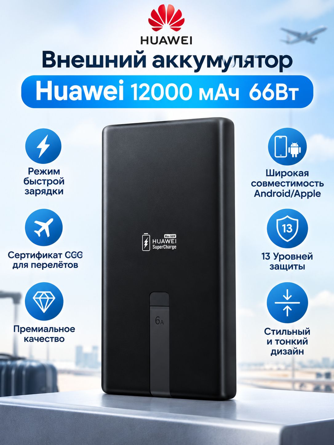 Внешний аккумулятор Huawei PowerBank 12000мАч 66W SuperCharge (P0021)