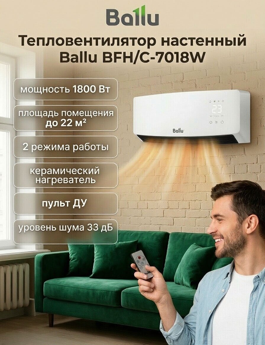 Тепловентилятор настенный Ballu BFH/C-7018W, керамический нагреватель, 1.8 кВт, с пультом