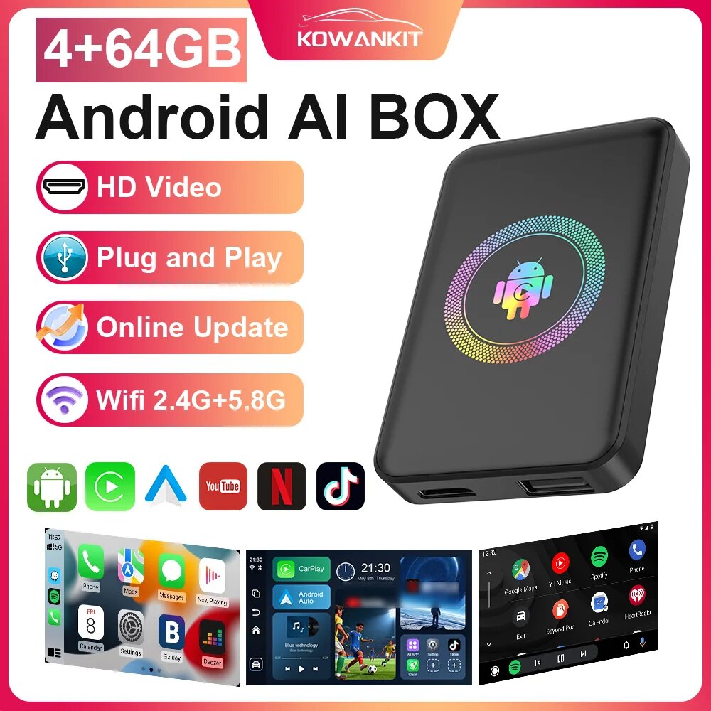 2026 Android 14.0 4+64 ГБ Беспроводной CarPlay AI Box Kowankit Smart 5 в 1 HDMI Plug & Play Android Auto Автомобильный ТВ-бокс для Netflix YouTube