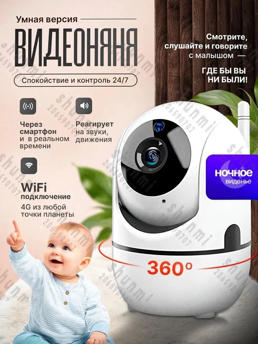 Видеоняня wifi беспроводная для дома и квартиры 1920х1080. IP камера 360 беспроводная.