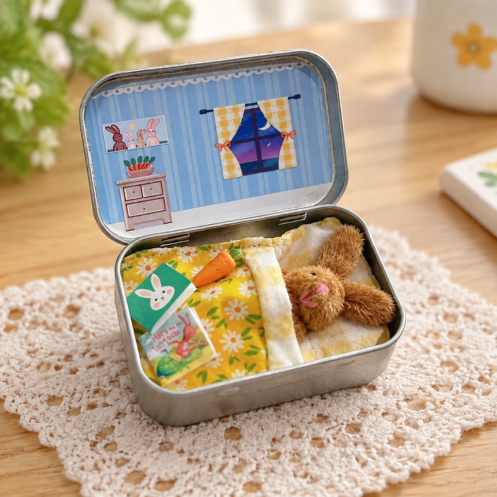 Adorable Tiny Plush Brown Bunny in Collectible Tin Box Height 10 cm Soft Cute Stuffed Rabbit Toy Gift for Kids Adults Easter Birthday Party Favor Desk Shelf Decor Kawaii Travel Pocket Companion
