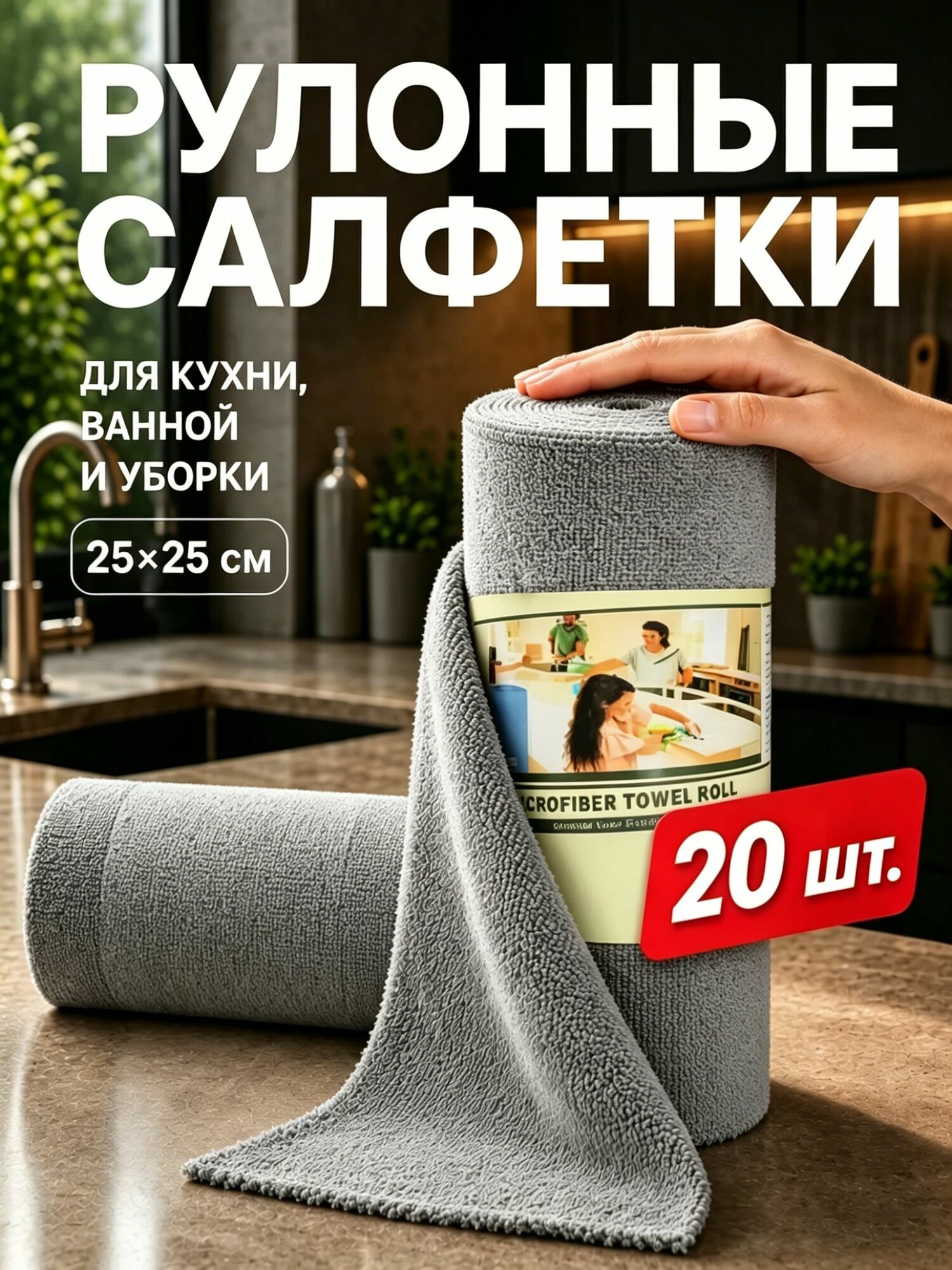 Салфетки для уборки в рулоне, тряпки для уборки, рулон 20шт,25cm*25cm