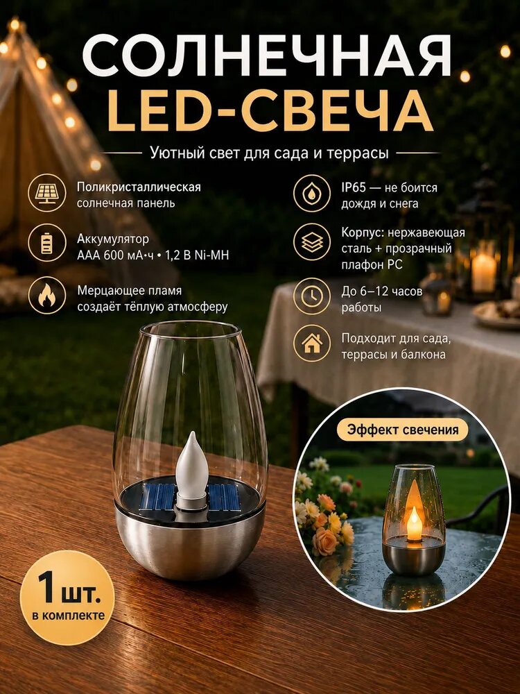Солнечная мерцающая светодиодная свеча, без пламени, влагозащита IP65, для сада, дома, террасы, кемпинга и декора