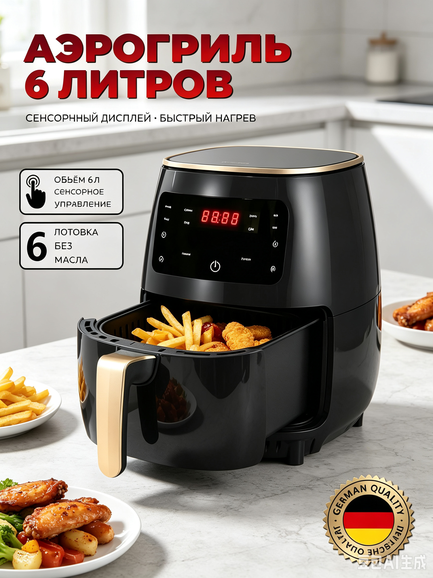 Электрический аэрогриль 6 л, сенсорный дисплей, аэрофритюрница без масла