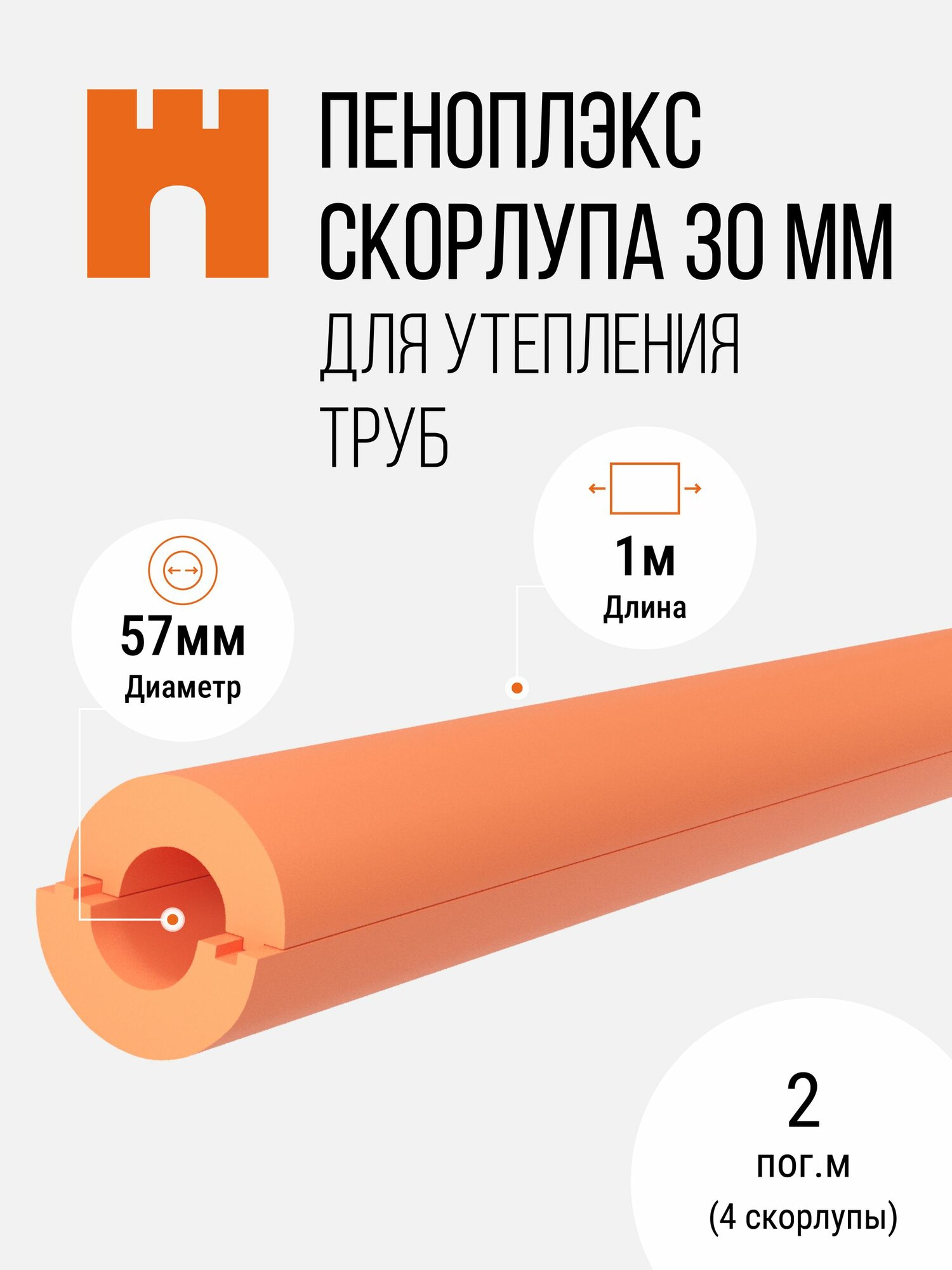 Утеплитель для труб пеноплэкс диаметром 57мм, скорлупа XPS 30мм, 2 пог. м, 4 скорлупы