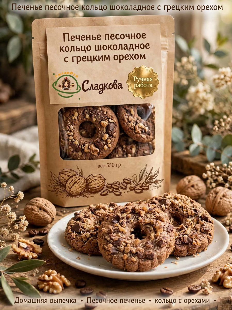Печенье песочное Кольцо шоколадное с грецким орехом 550 грамм