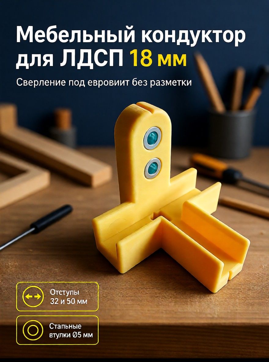 Кондуктор мебельный для сверления ЛДСП 18мм под евровинт, для установки полок. С двумя втулками 5мм