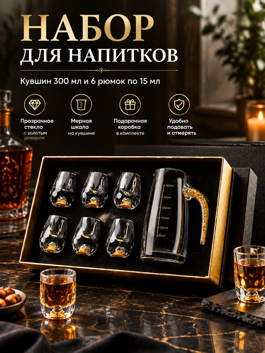Хрустальный набор для напитков: 6 рюмок по 15 мл и кувшин 300 мл с золотой ручкой и шкалой