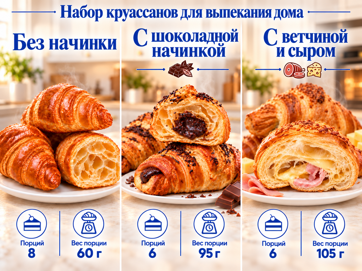 Набор круассанов, 3 вида: шоколадные 570 г, с ветчиной и сыром 630 г, без начинки 480 г, замороженные для выпекания