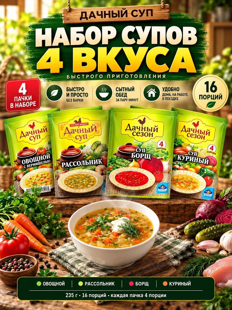 Набор супов 4 вкуса овощной рассольник борщ куриный 235г — супы быстрого приготовления