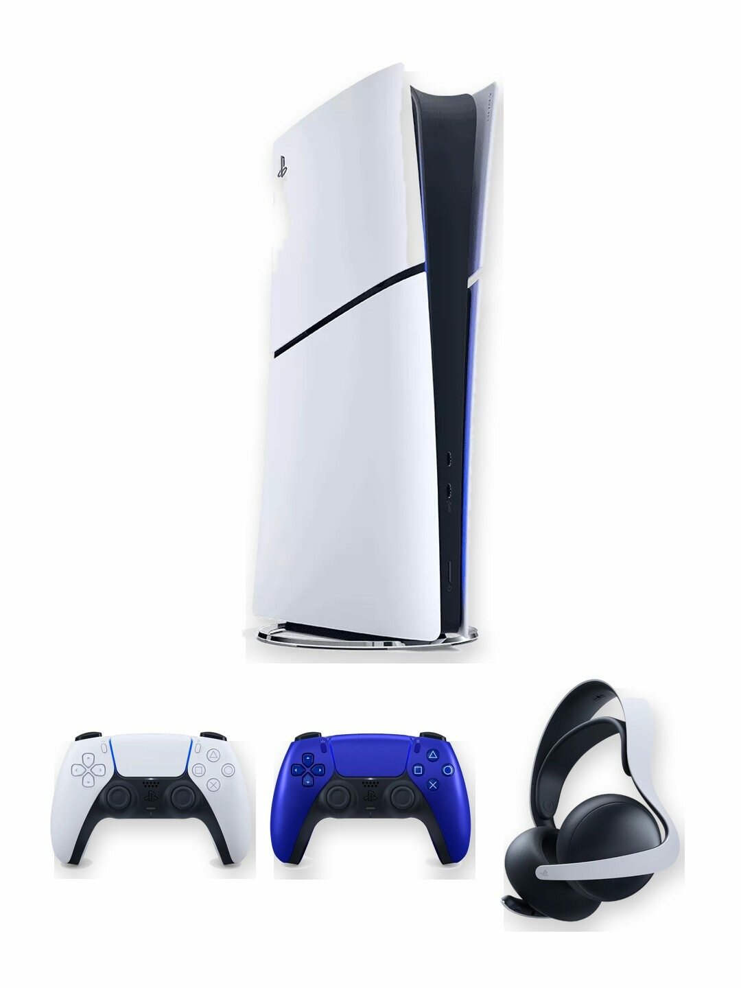 Игровая приставка Sony PlayStation 5 Slim Digital Edition 1 ТБ без дисковода, белая, европейская версия + 2-й геймпад DualSense Cobalt Blue + гарнитура Pulse Elite