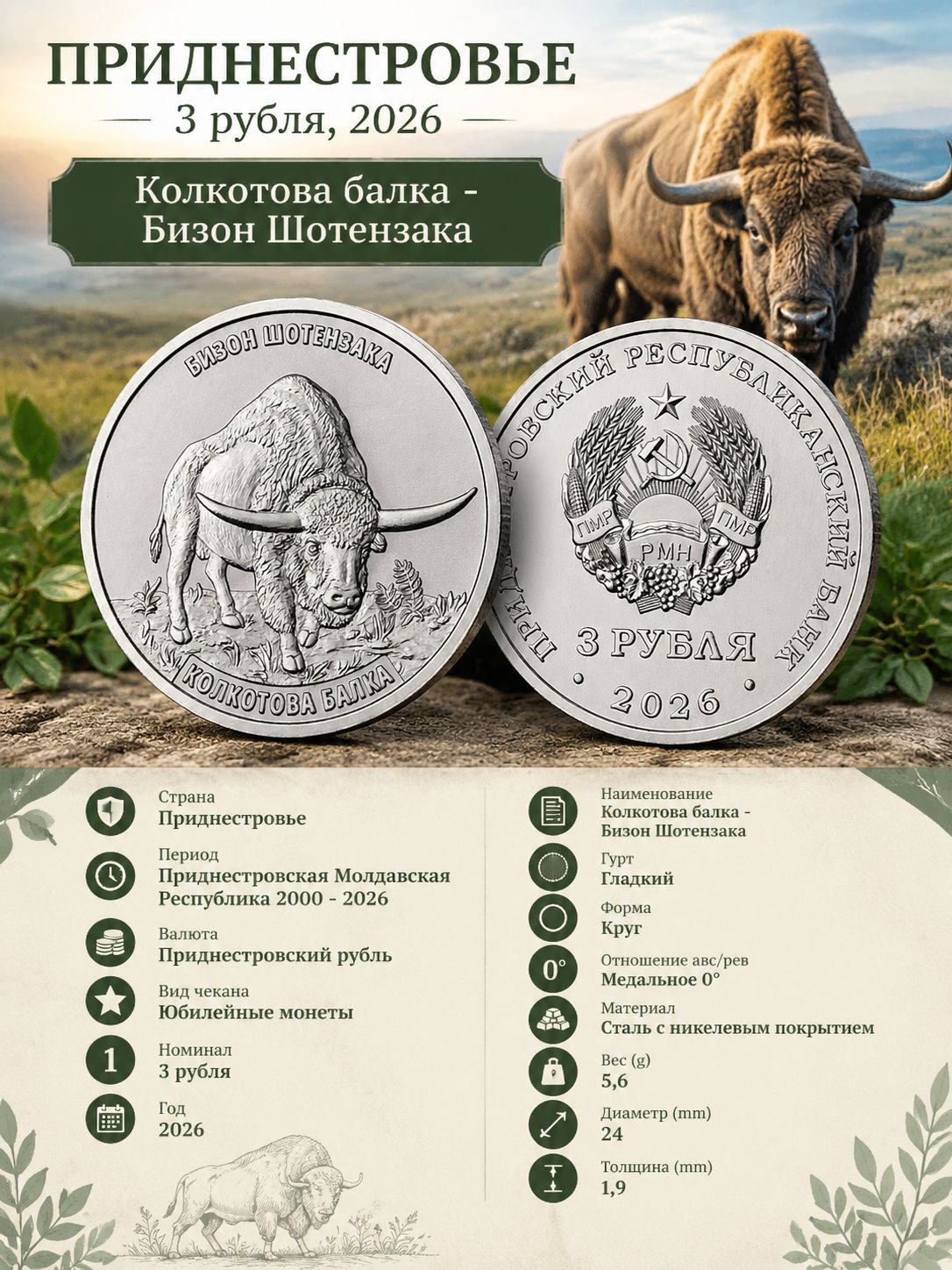 Приднестровье 3 рубля, 2026 Колкотова балка - Бизон Шотензака
