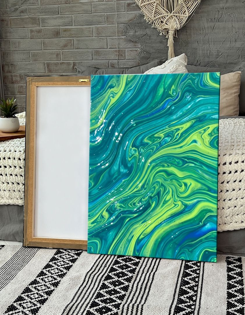 Картина на холсте (абстракция, волны, разводы, fluid art, текучая краска, зеленый, синий) 20x30 см. Интерьерная на стену. Украшение в комнату. В подар