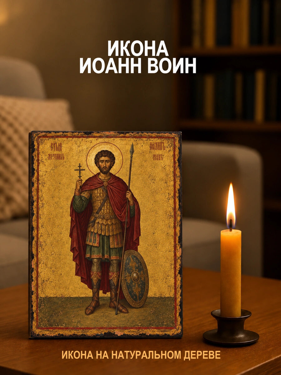 Икона «Иоанн Воин» на натуральном дереве, 15×18 см, состаренное исполнение