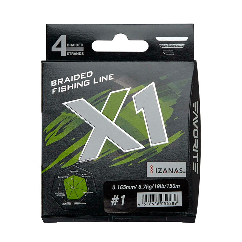 Плетеный шнур Favorite X1 PE 4x 150m light green - разрывная нагрузка 8.7 кг, диаметр #1 0.165 мм.