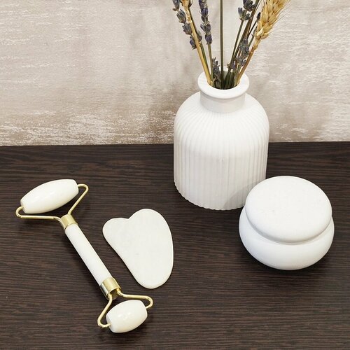 Elza Aziatica / Набор массажный роллер и скребок гуаша из нефрита, белый / массажер для лица натуральный камень