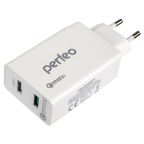 фото Сетевое зарядное устройство perfeo с разъемом 2xusb, qc3.0, белый, "fast 2" (pf_a4141)