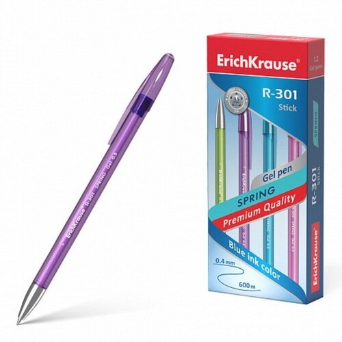 Ручка гелевая ErichKrause R-301 Spring Gel Stick, чернила синие, узел 0.5 мм, длина линии письма 600 метров(12 шт.) стержень гелевый erichkrause standard узел 0 5 мм длина 129 мм для ручек r 301 gel matic и др чернила синие 5штук