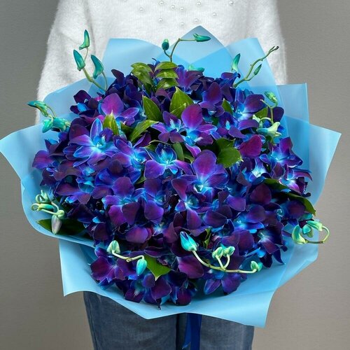 Букет из синих орхидей Космос в руках XL. Букет AR0423 ALMOND ROSES