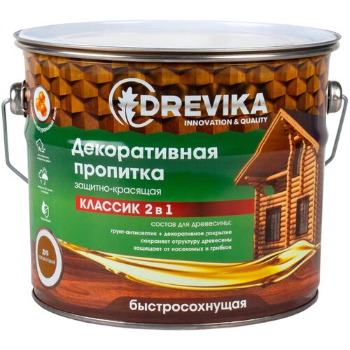 Декоративная пропитка для дерева Drevika Классик 2 в 1, полуматовая, 2,7 л, дуб