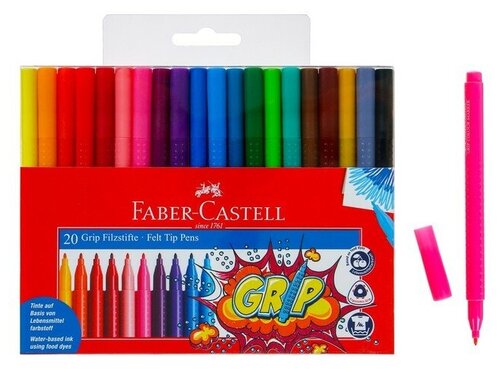 FABER-CASTELL Фломастеры 20 цветов Faber-Castell Grip 1553 трехгранный корпус с массажными шашечками, ударопрочный наконечник