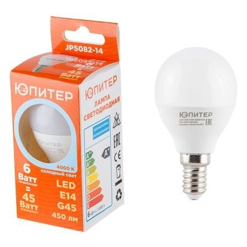 фото Лампа светодиодная g45 шар 6 вт 170-240в e14 4000к юпитер (45 вт аналог лампы накал., 450лм, нейтральный белый свет) (jp5082-14)