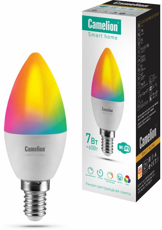 Умная светодиодная LED лампа 7Вт Е14 Camelion 14500 Smart Home LSH7/C35/RGBСW/Е14/WIFI Голосовое управление Wi-Fi