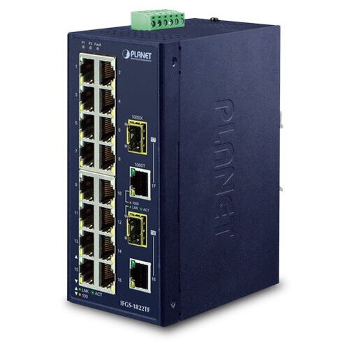 PLANET IFGS-1822TF IP30 Industrial 16-Port 10/100TX + 2-Port Gigabit TP/SFP Combo Ethernet Switch (-40~75C, dual redundant power input on 12-48VDC / 2