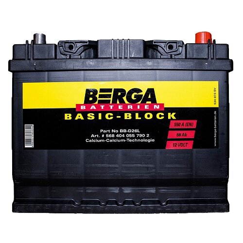 АКБ BERGA-568404, 68 А/часов, Обратной полярности, 261х175х225мм