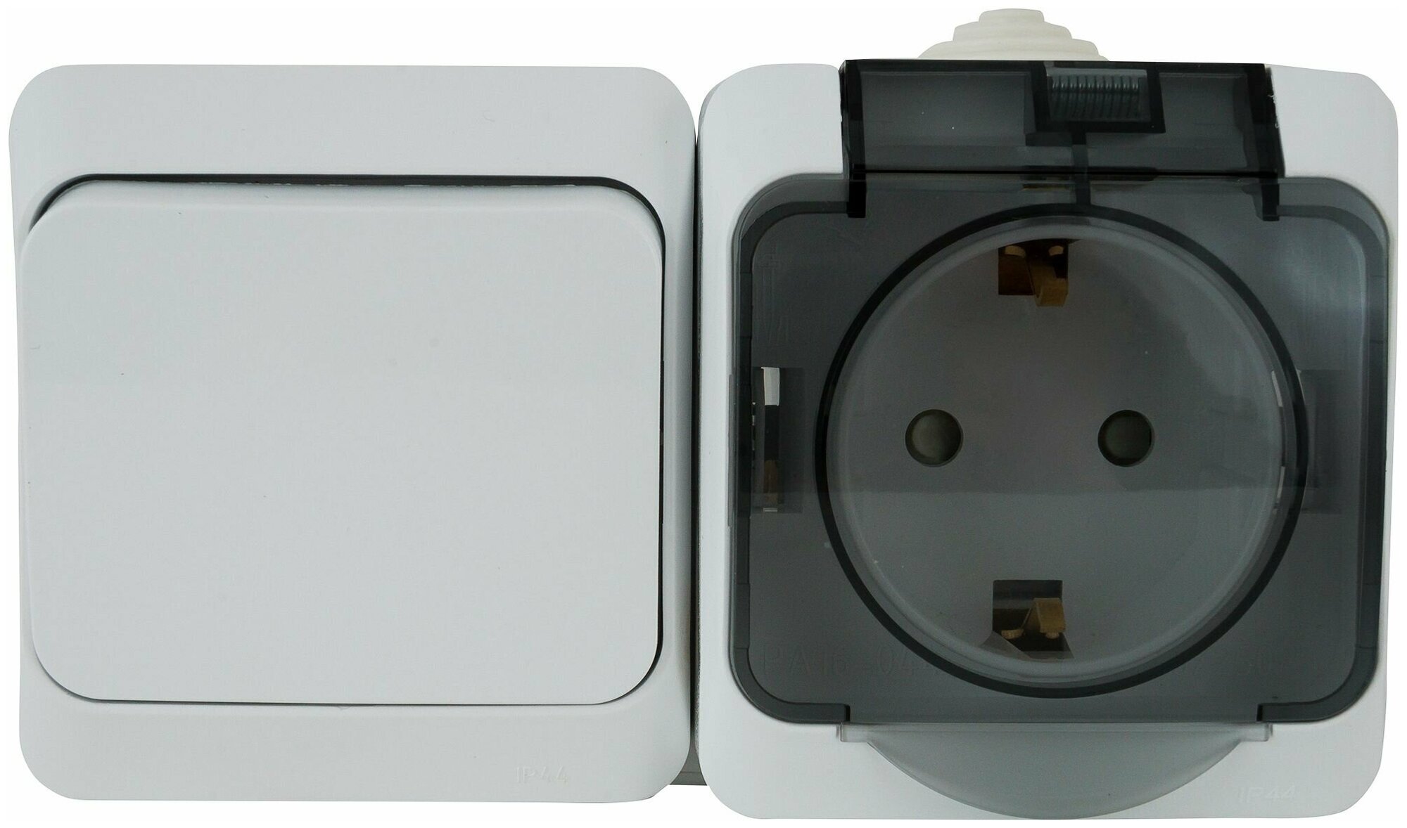 Блок выключатель с розеткой влагозащищённый Systeme Electric Этюд 1 клавиша с заземлением с крышкой