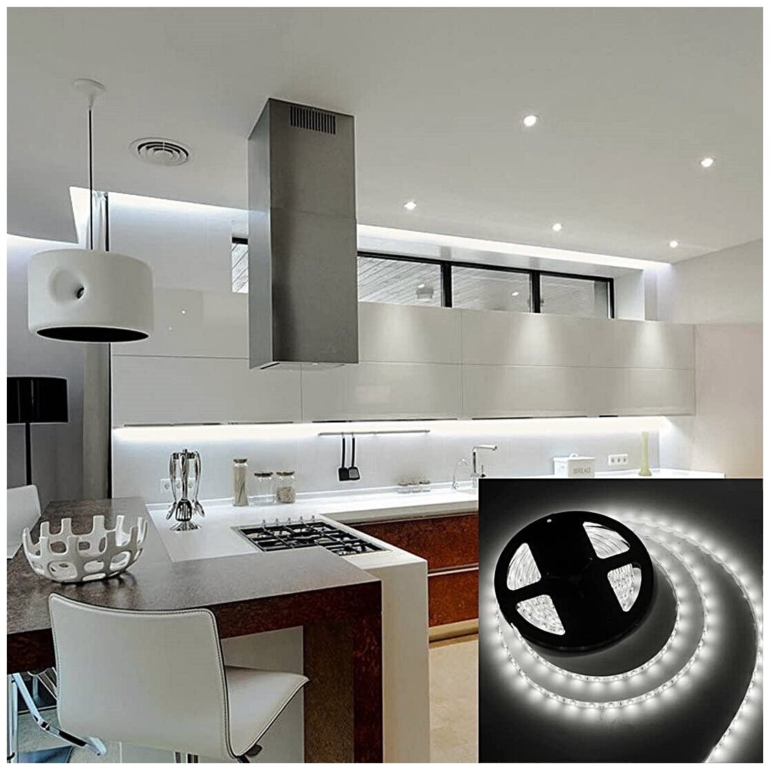 Светодиодная лента LED влагостойкая для кухни спальни гостиной прихожей SMD 3528 5м 12V IP65 (Белая) - фотография № 6
