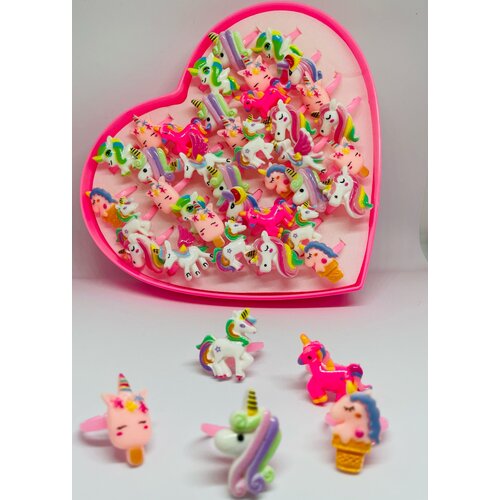 Комплект колец Fashion Jewelry Единорожки, 36 штук и шкатулка сердце, безразмерные