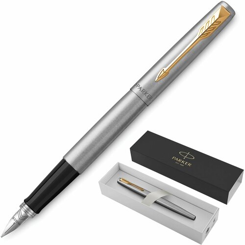 Ручка перьевая PARKER Jotter Stainless Steel GT, корпус серебристый, позолота, синяя, 2030948