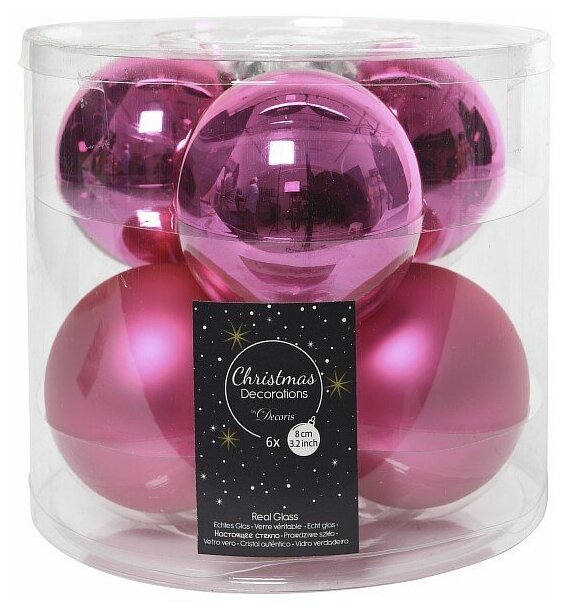 Набор стеклянных шаров 8 см, ярко-розовый, 6 шт.