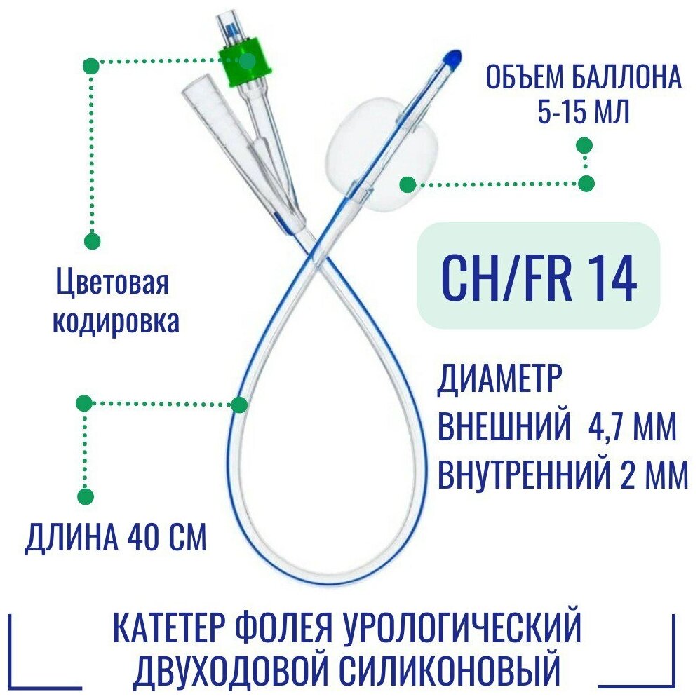 Катетер Фолея Alba силиконовый двухходовой для взрослых [14 Fr 40 см 5 – 15 мл.]