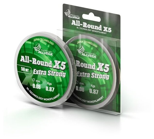 Леска монофильная Allvega All-Round X5, 50 м, 0,08 мм (0,87 кг), прозрачная