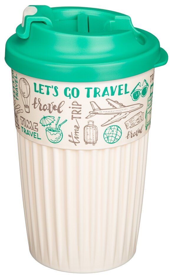 Стакан для горячих напитков с клапаном и декором "Travel" 450мл. (Зеленый) - фотография № 1