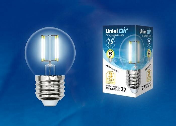 Uniel Лампа светодиодная филаментная (UL-00003255) Uniel E27 7,5W 4000K прозрачная LED-G45-7,5W/NW/E27/CL GLA01TR
