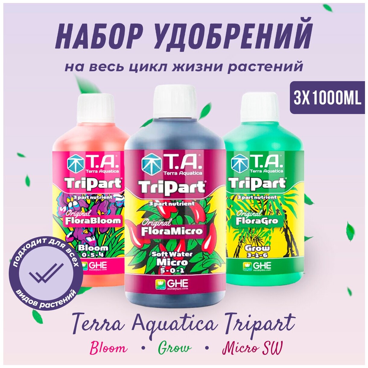 Набор удобрений Terra Aquatica (GHE) TriPart Bloom + Grow + Micro SW, 3 х 1л - фотография № 1